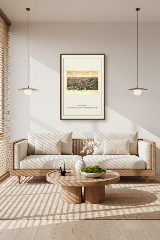 framed Pittsfield Maine map print above a wooden sideboard beside a stack of books and vases