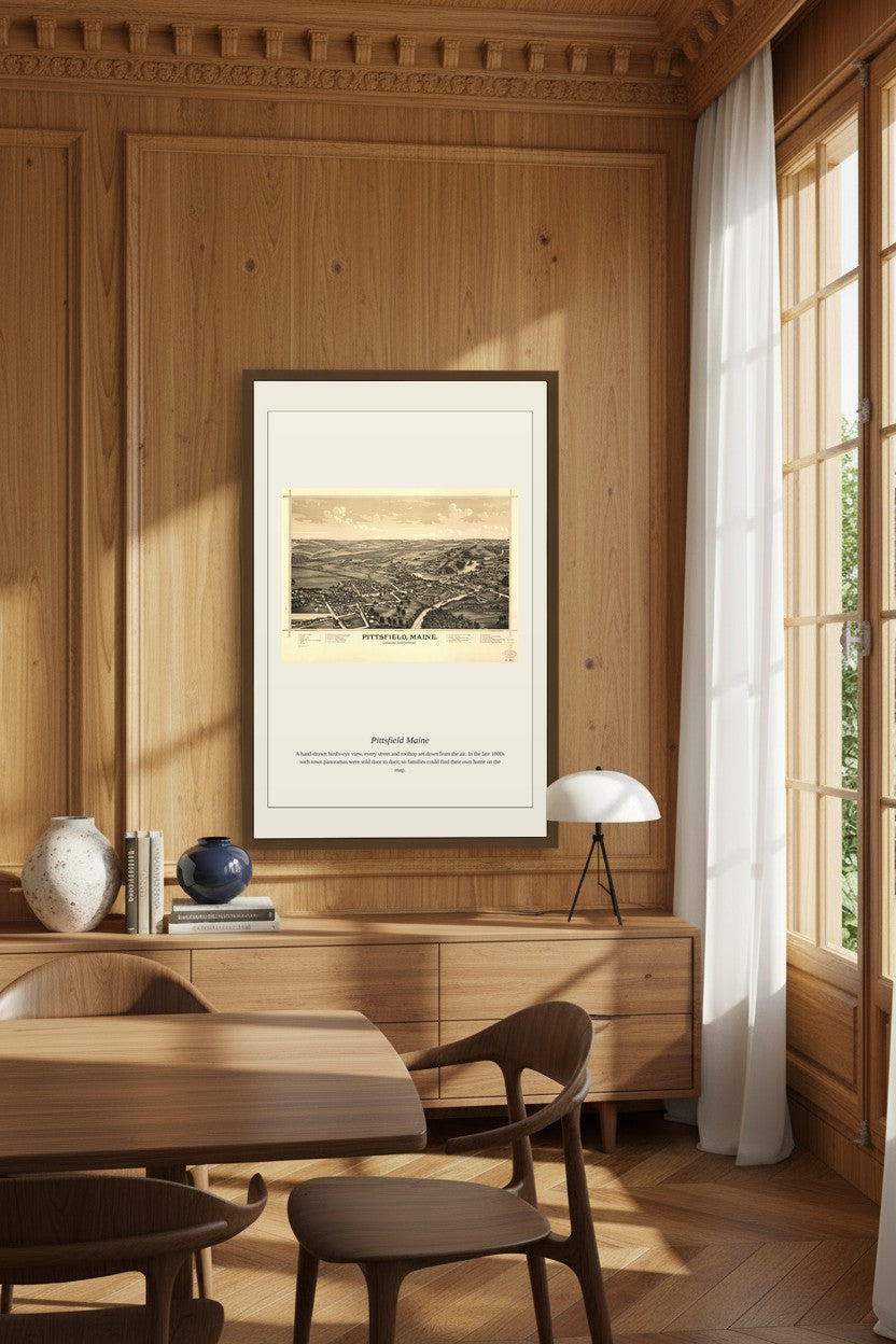framed Pittsfield Maine map print in a wood-paneled dining room beside a floor lamp and curtained window