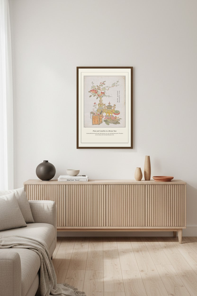 Plum and Camellia in a Bronze Vase — Antique Botanical Print