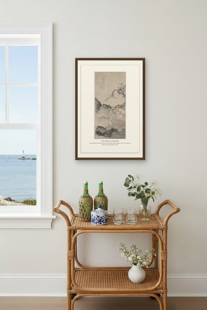 Plum Blossoms in Moonlight framed print on a coastal wall above a rattan bar cart