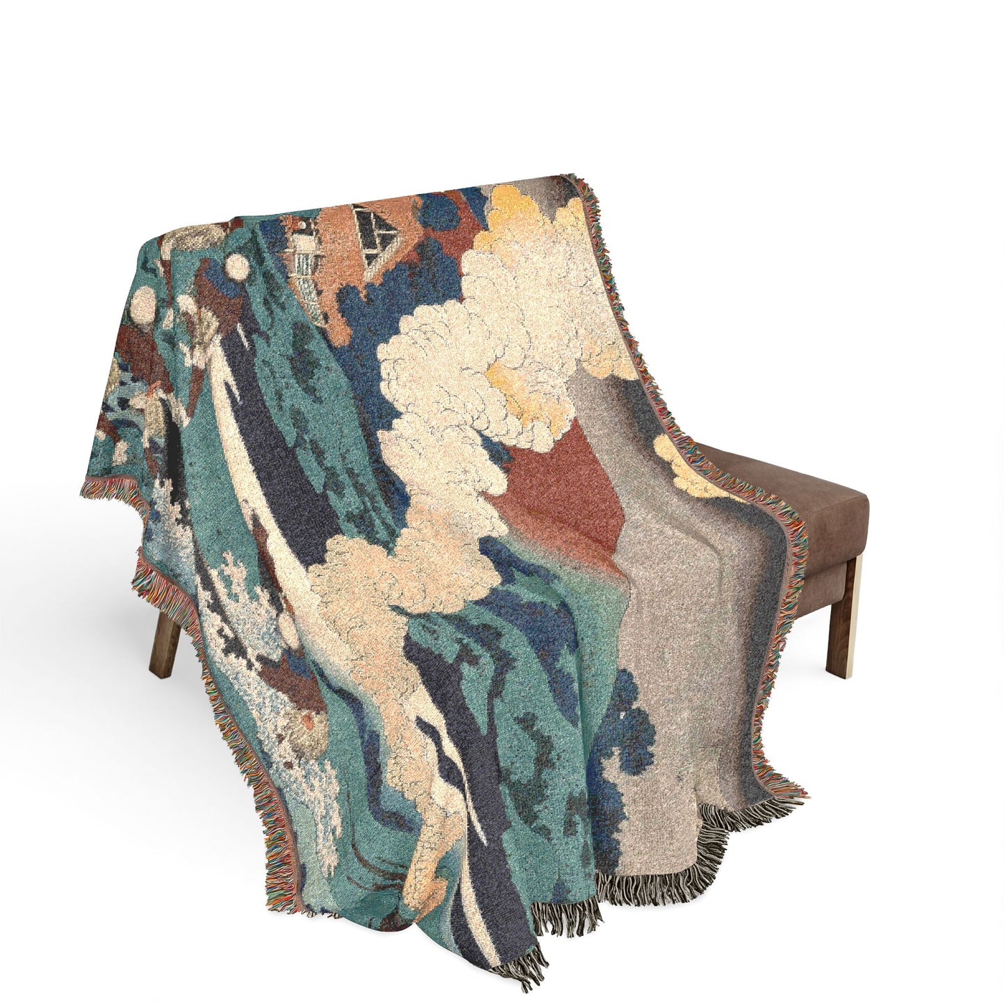Poem by Kakinomoto no Hitomaro throw blanket over a bench, teal cloud and calligraphy scene over seat