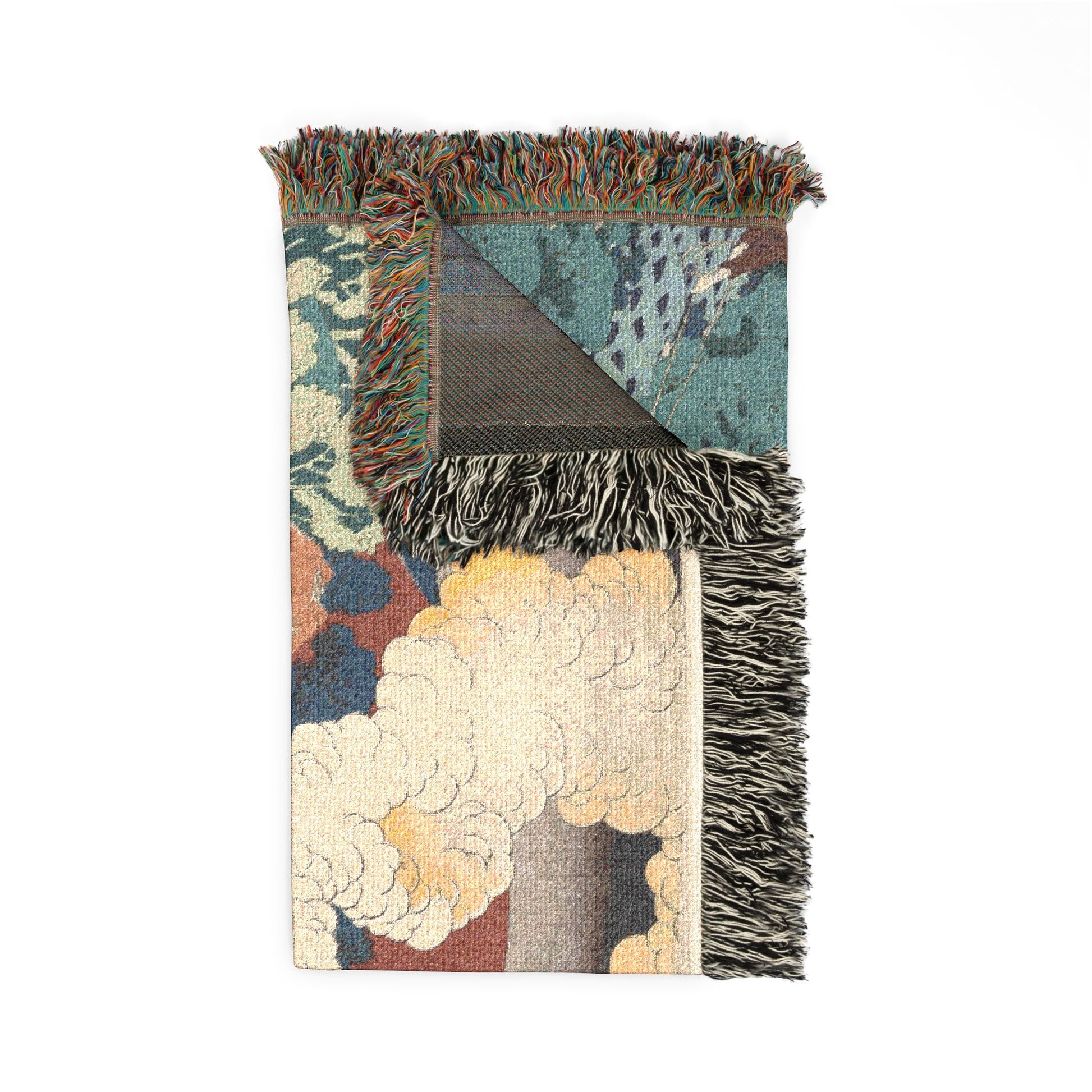 Poem by Kakinomoto no Hitomaro throw blanket folded, teal cloud front and dark muted reverse corner tucked