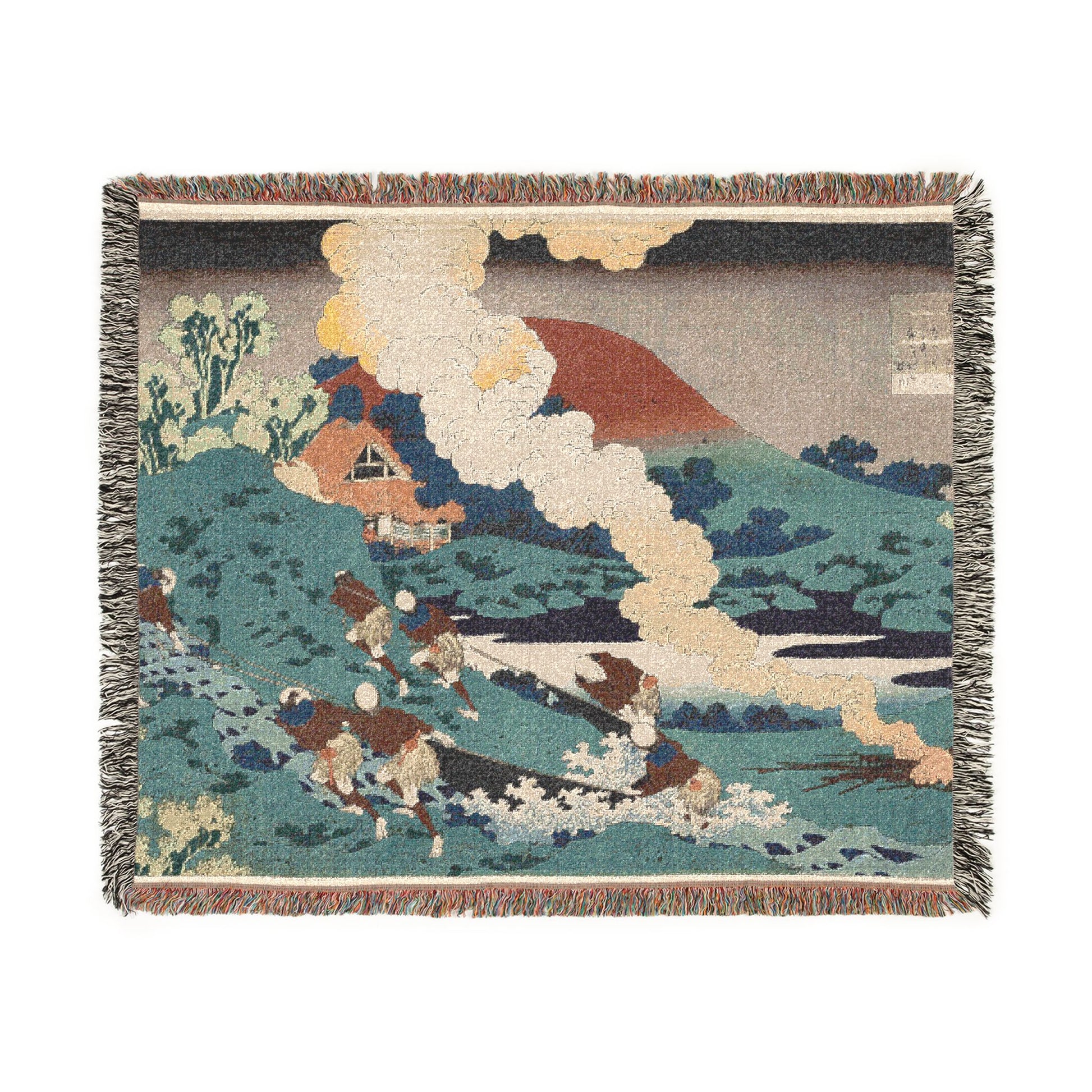 Poem by Kakinomoto no Hitomaro throw blanket flat front, teal ground with billowing cream clouds and calligraphy