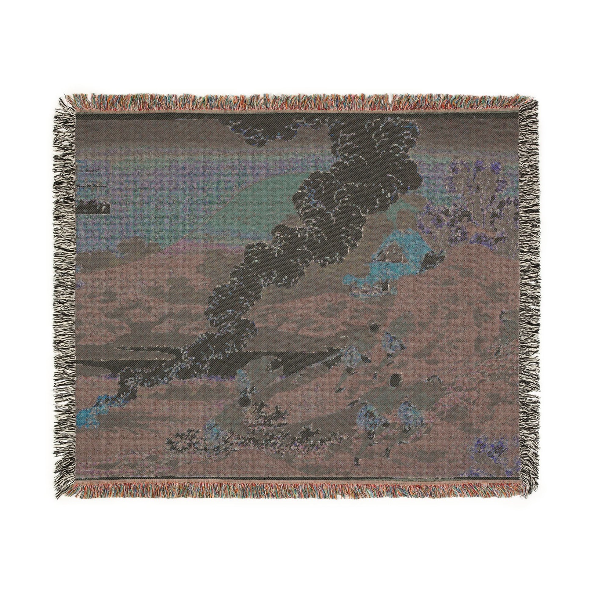 Poem by Kakinomoto no Hitomaro throw blanket reverse flat, muted dark tones on back side of teal design