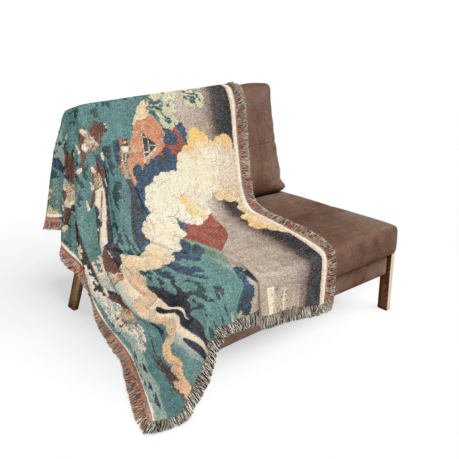 Poem by Kakinomoto no Hitomaro throw blanket over a sofa, cloud and calligraphy composition from back to seat