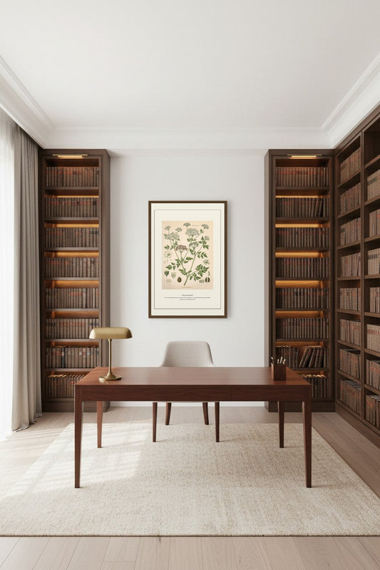 Poison Hemlock print hung in a dark wood-paneled home library