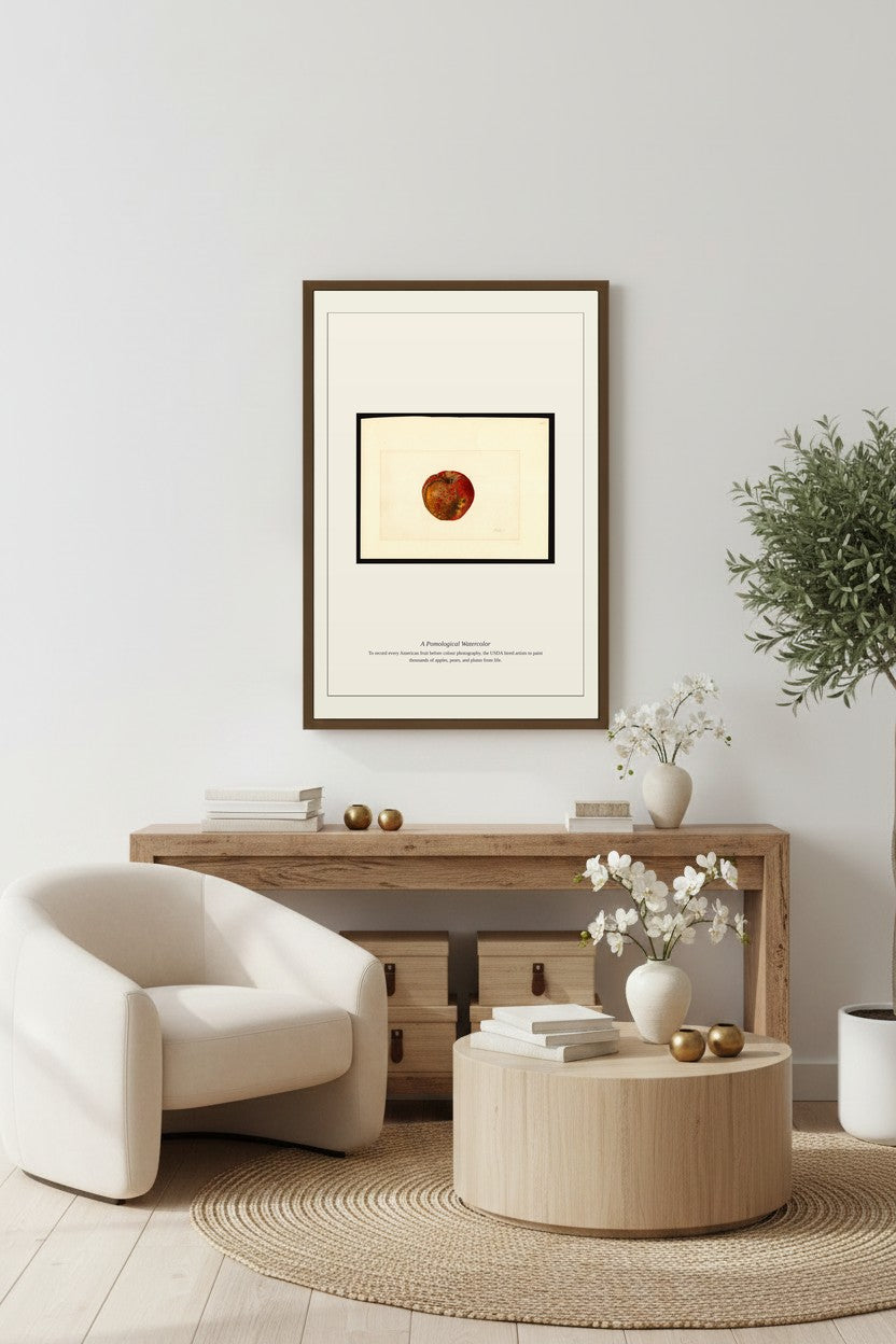 framed pomological apple watercolor print above a light wood sideboard beside a cream armchair on a round rug