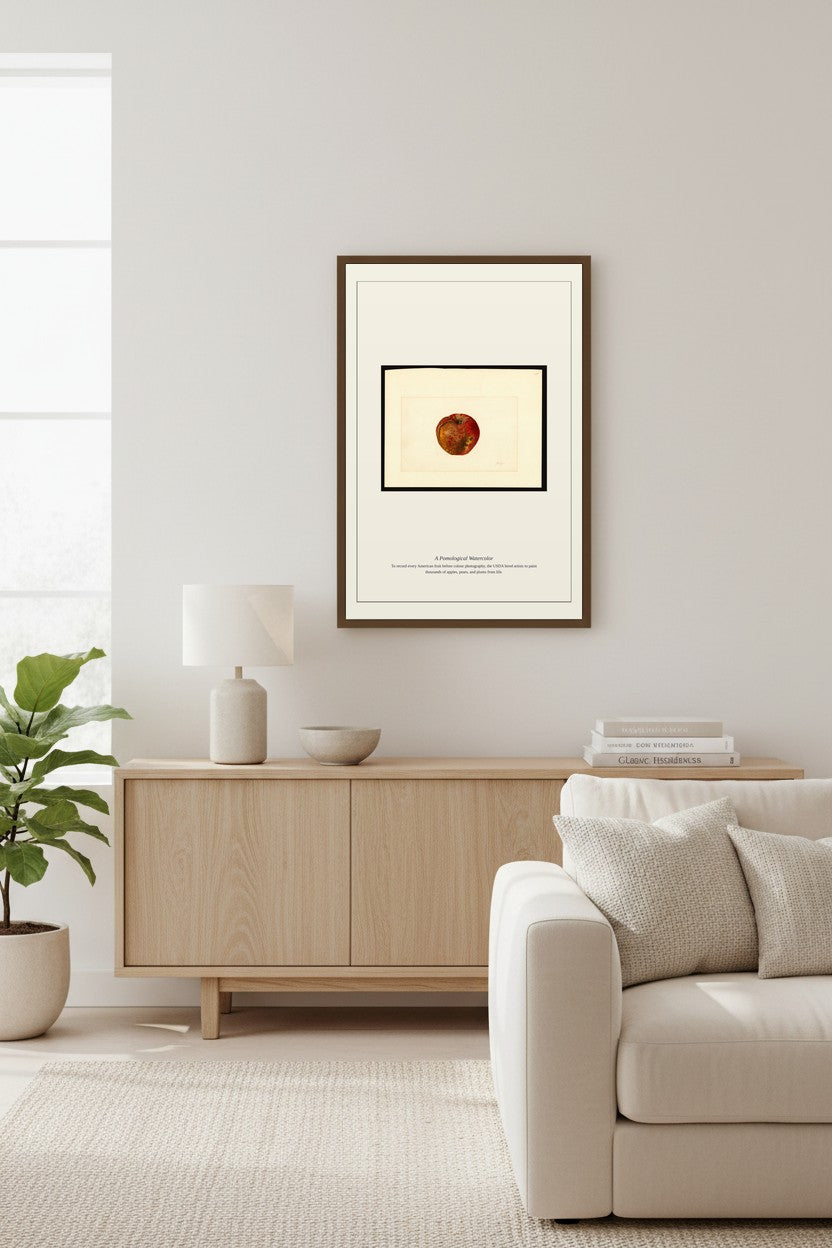 framed pomological apple watercolor print above a light wood sideboard beside a cream armchair