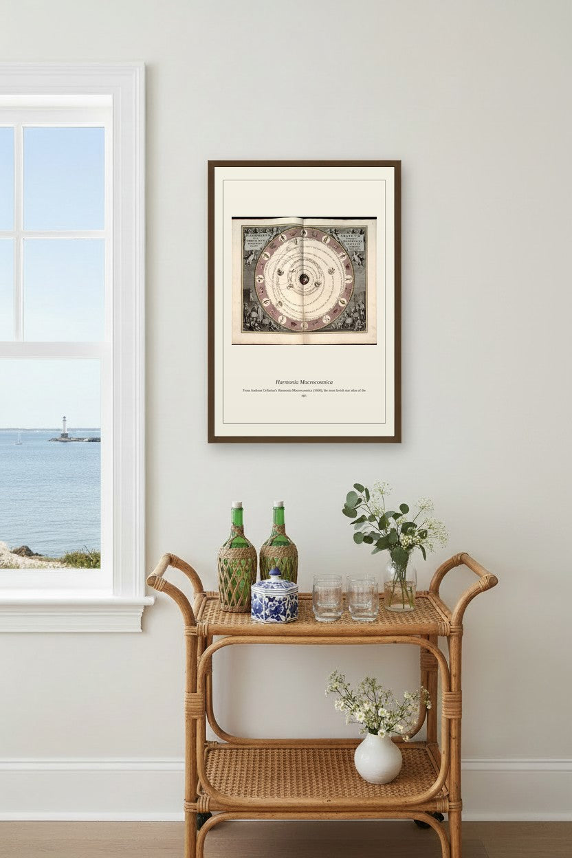 Portolan Chart by Salvatore Oliva celestial diagram print framed above a rattan bar cart near a coastal window