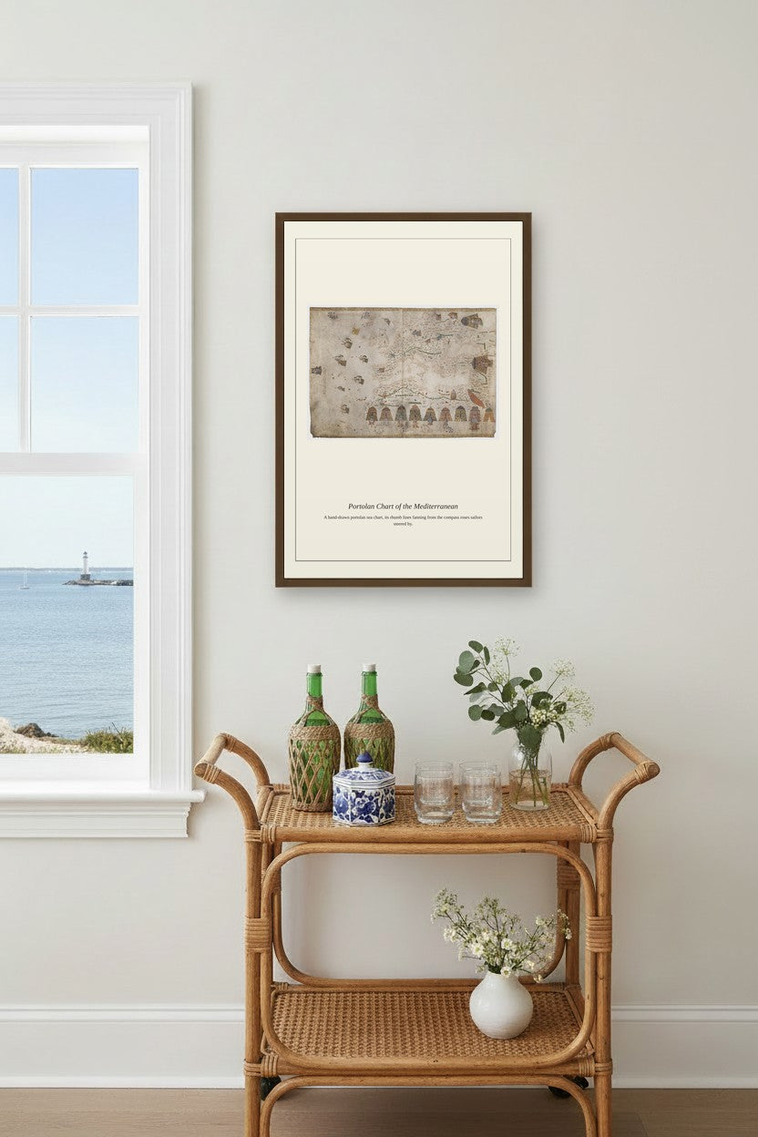 Portolan Chart of the Mediterranean print framed above a rattan bar cart beside a window with an ocean view
