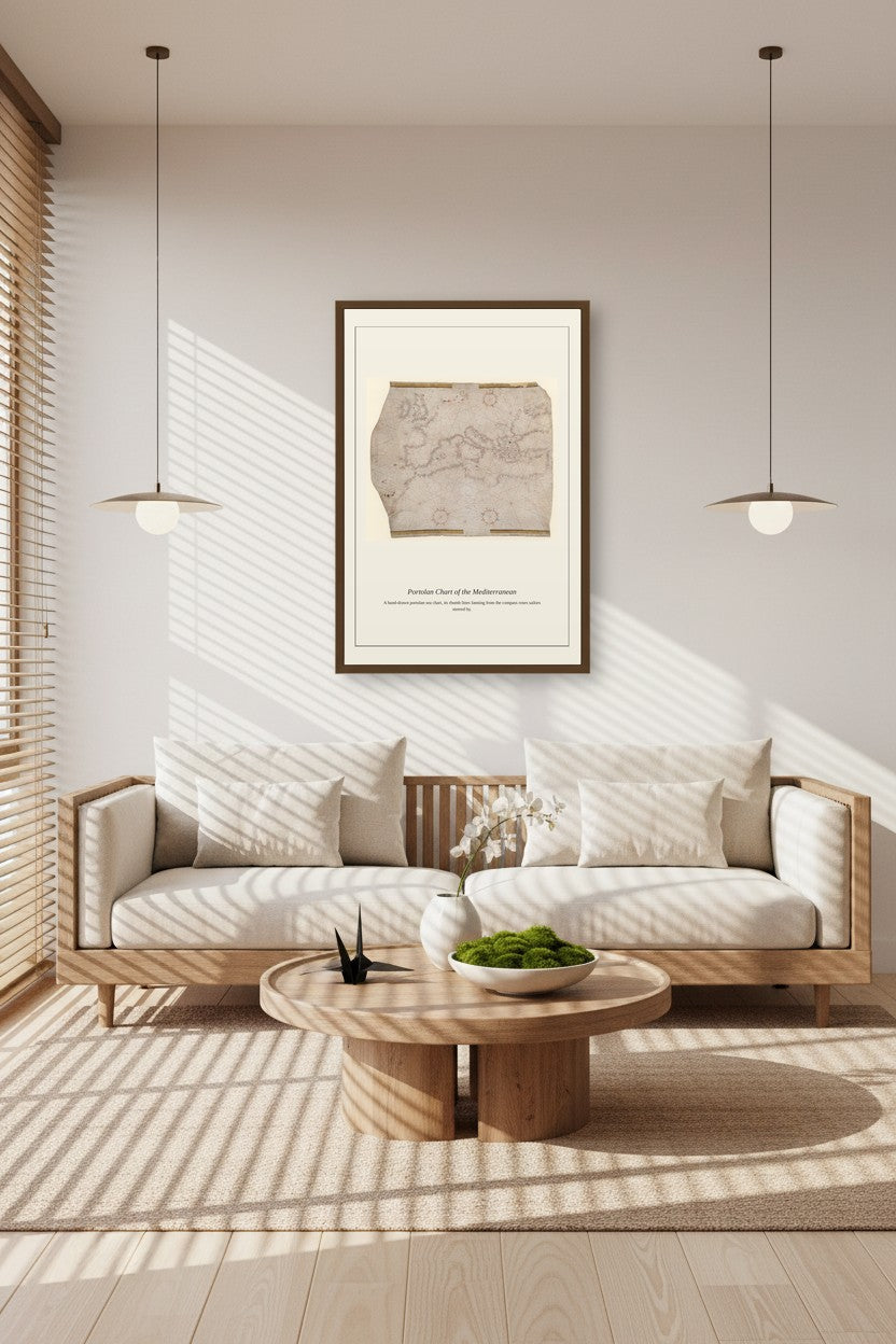 Portolan Chart of the Mediterranean framed between two pendant lights above a sunlit wooden sofa