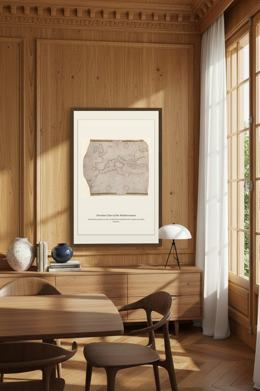Portolan Chart of the Mediterranean framed on wood paneling beside a curtained window in a dining room