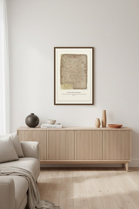 framed portolan sea chart print above a light wood sideboard with ceramic vases and a stack of books