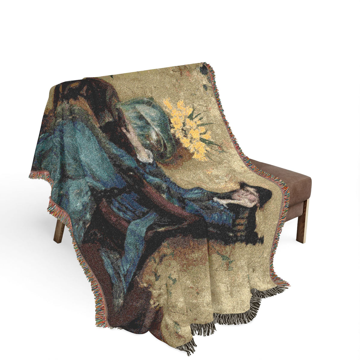 Portrait of Dora Wheeler Woven Throw Blanket bench drape, blue dress portrait cascading over wooden bench, fringe