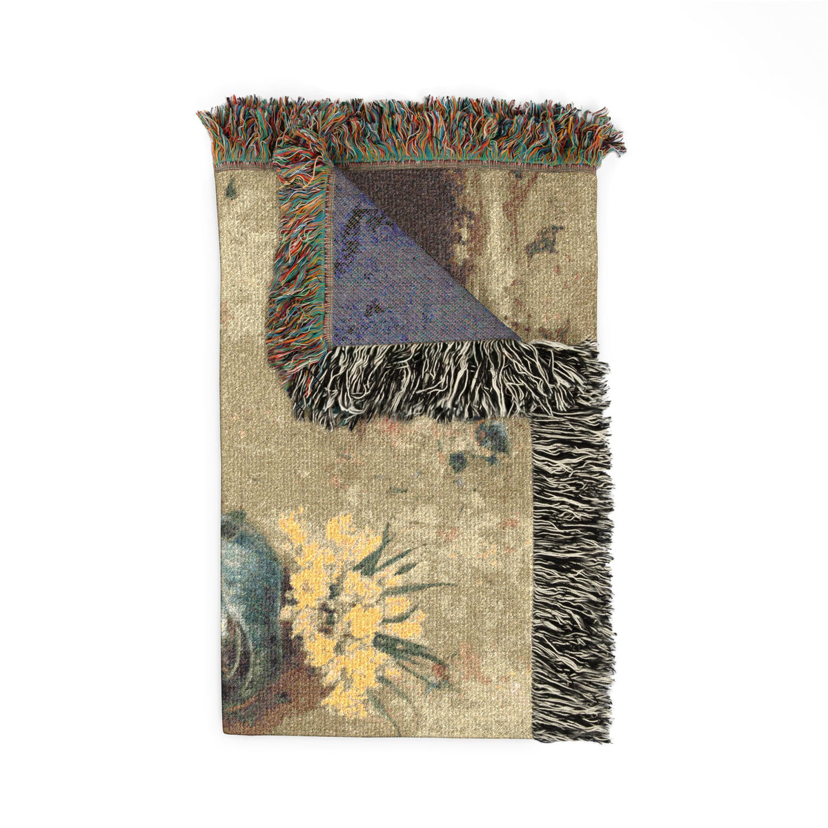 Portrait of Dora Wheeler Woven Throw Blanket folded corner, blue and gold portrait with back weave visible, fringe