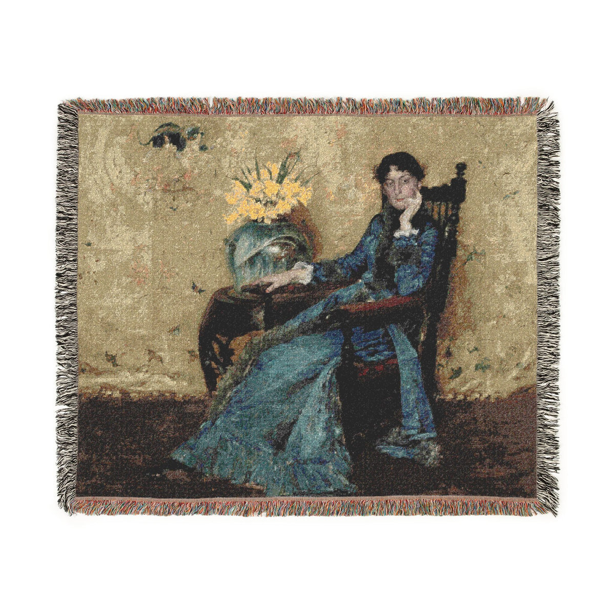 Portrait of Dora Wheeler Woven Throw Blanket flat lay, woman in blue gown with yellow flowers on gold ground, fringe