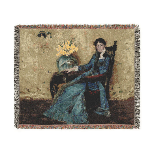 Portrait of Dora Wheeler Woven Throw Blanket flat lay, woman in blue gown with yellow flowers on gold ground, fringe