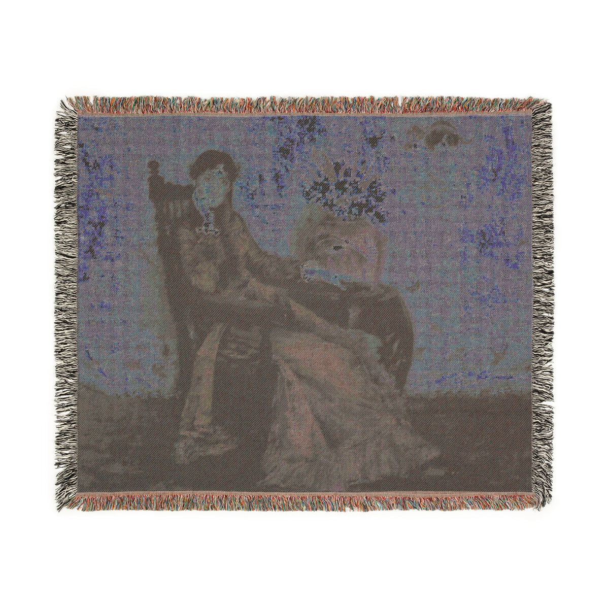 Portrait of Dora Wheeler Woven Throw Blanket reverse flat lay, muted golden-tan tones on back weave, multicolor fringe
