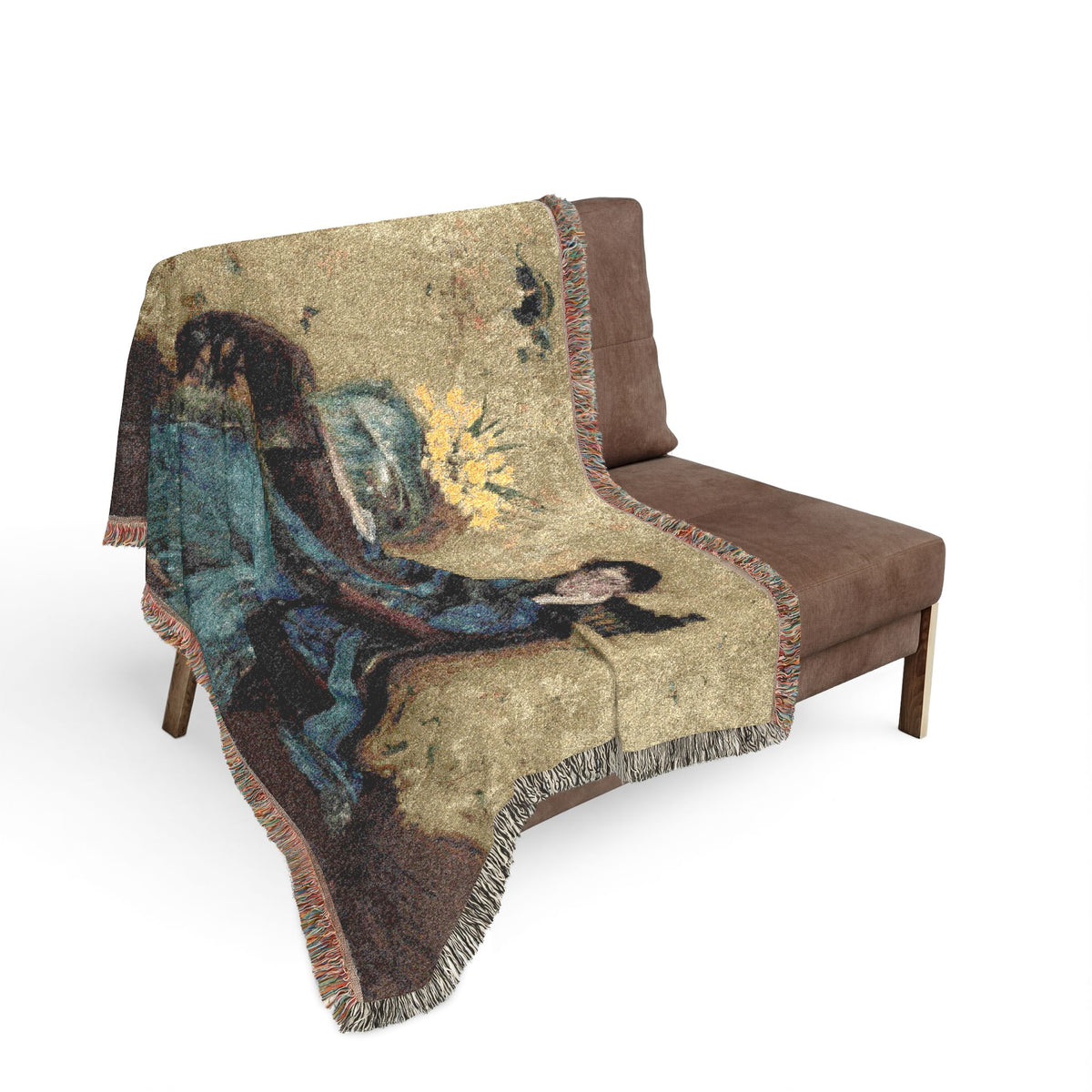 Portrait of Dora Wheeler Woven Throw Blanket sofa drape, woman in blue gown portrait across sofa back, fringe edge