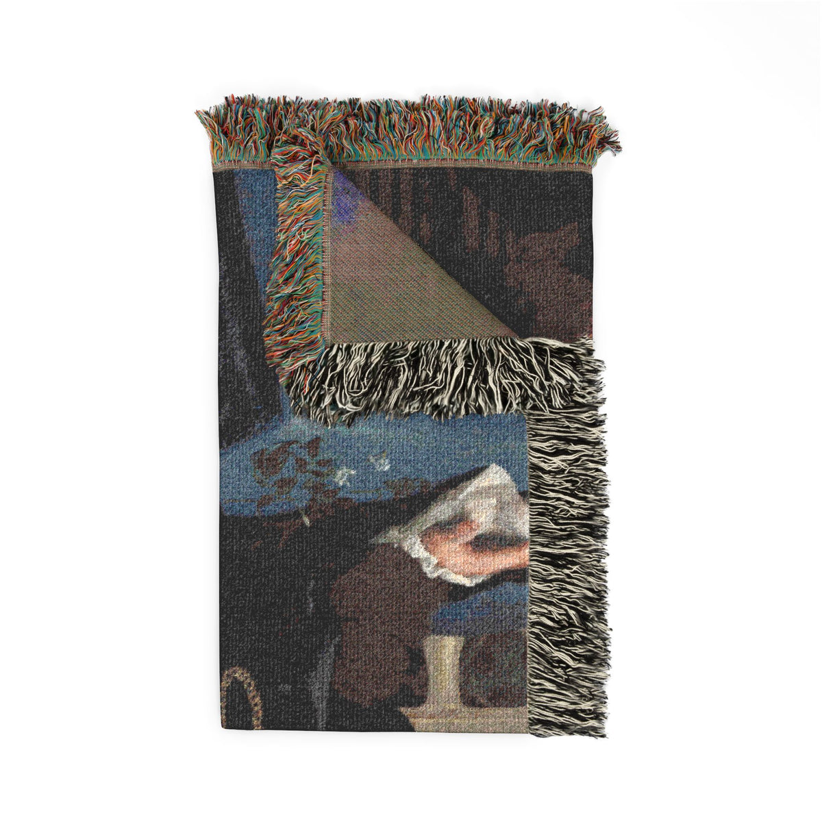 Portrait of a Man Possibly Girolamo Rosati throw blanket folded, Renaissance portrait visible with reverse corner