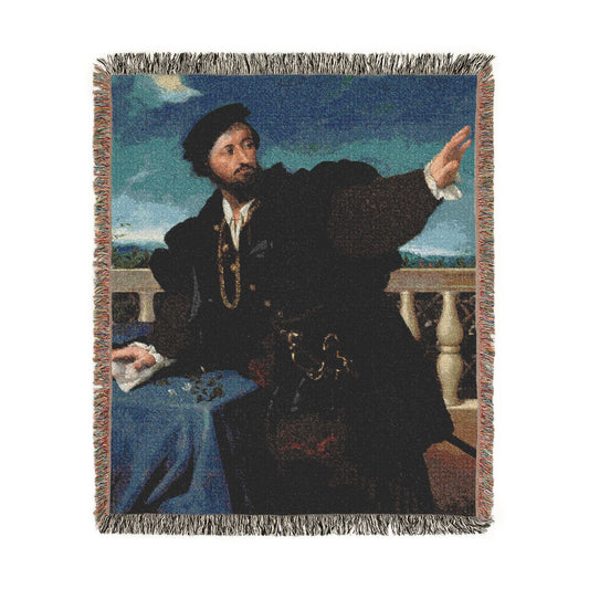 Portrait of a Man Possibly Girolamo Rosati throw blanket flat front, Renaissance portrait in warm earth tones