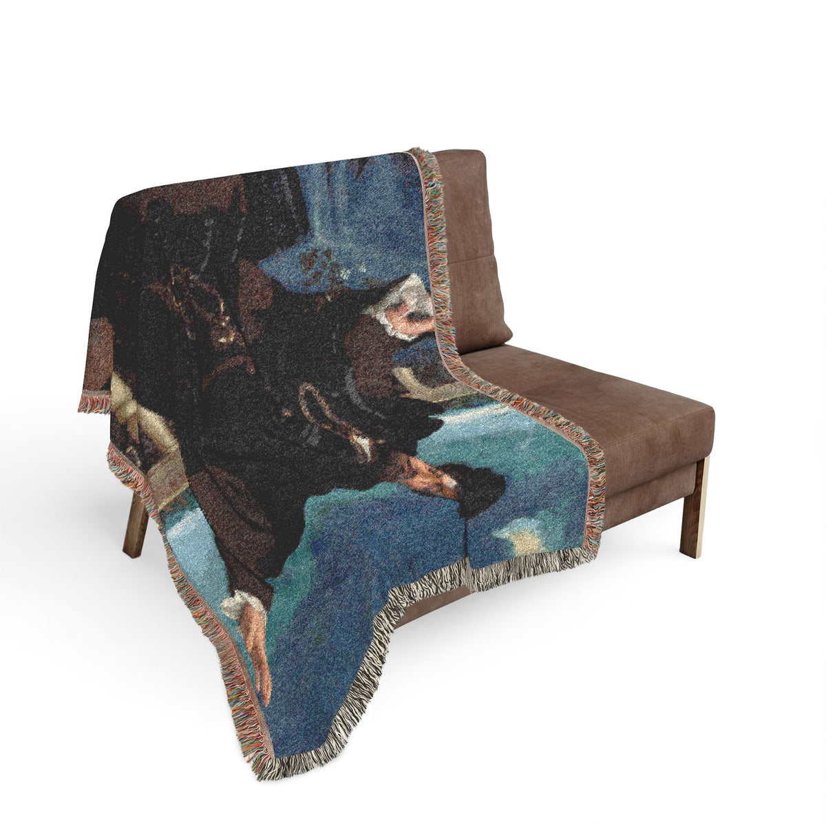 Portrait of a Man Possibly Girolamo Rosati throw blanket over a sofa, portrait composition from back to seat