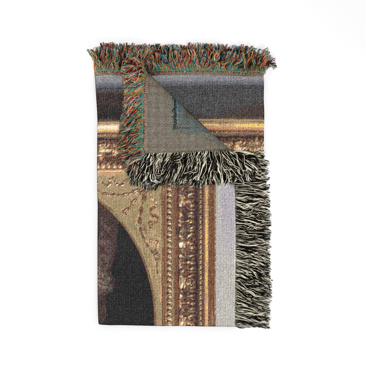 Portrait of Mary Anne Jolliffe blanket corner fold showing front gold frame detail and grey-blue reverse, fringe