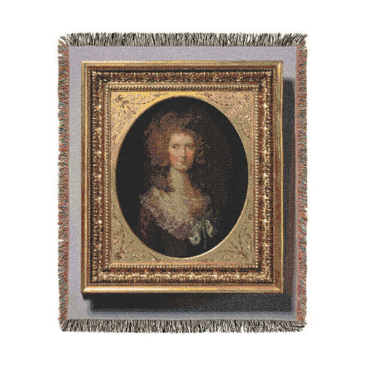 Portrait of Mary Anne Jolliffe blanket front, oval portrait of woman in lace collar in ornate gold frame, lavender border