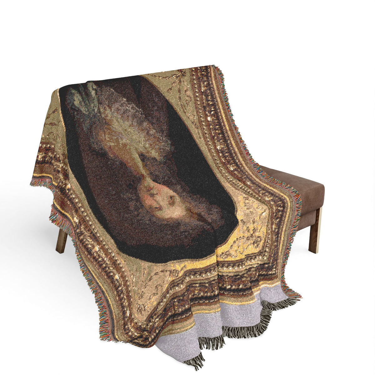 Portrait of Mary Anne Jolliffe blanket on bench, gold-framed oval portrait with dark background, lavender border fringe