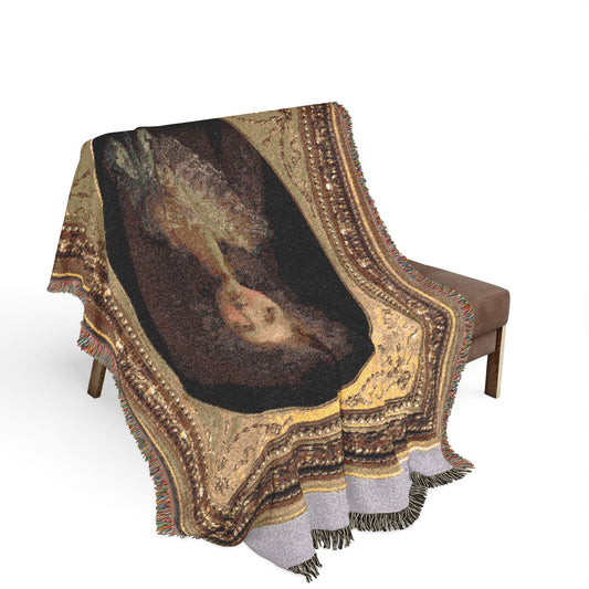 Portrait of Mary Anne Jolliffe blanket on bench, gold-framed oval portrait with dark background, lavender border fringe