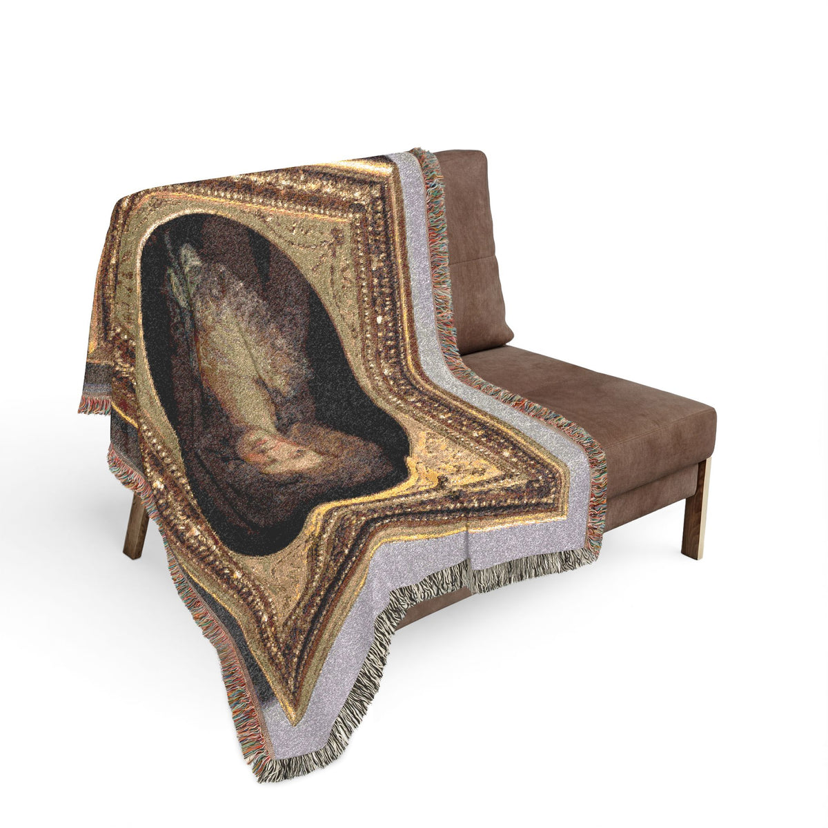 Portrait of Mary Anne Jolliffe blanket draped over sofa, oval portrait in gold frame, lavender border fringe draping