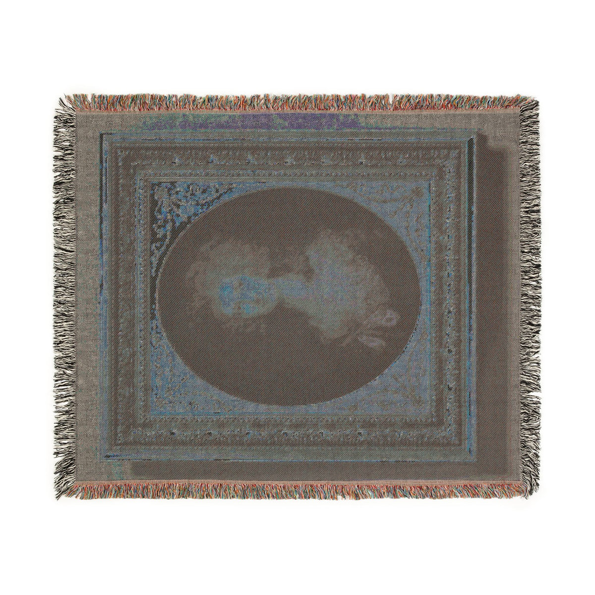 Portrait of Mary Anne Jolliffe blanket reverse side, dark blue-grey ground with faint frame imprint, fringe edges