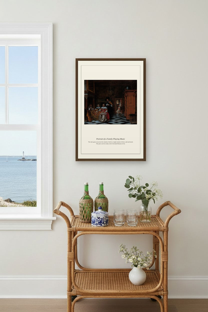 Portrait of a Family Playing Music print framed above a rattan bar cart beside a window with an ocean view