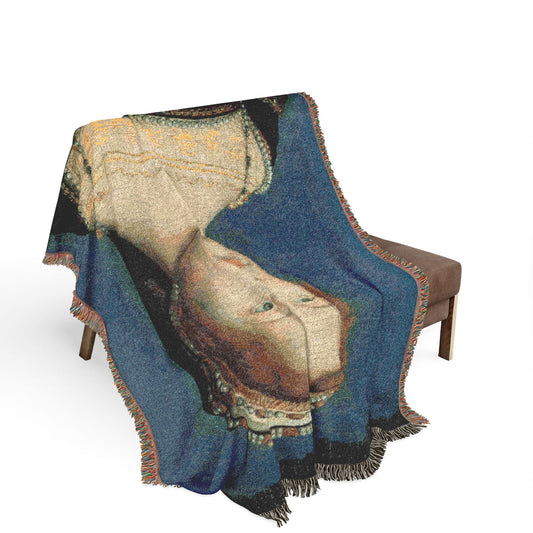 Portrait of a Woman throw blanket draped over bench in-room setting portrait textile blue background fringe