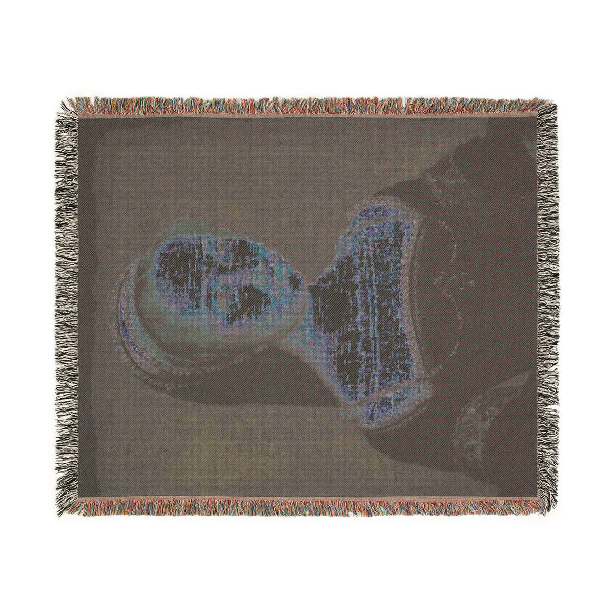 Portrait of a Woman throw blanket close-up eye texture detail brown grey tones fringed border
