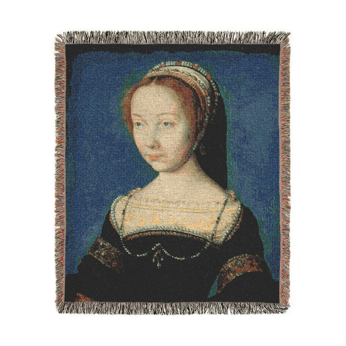 Portrait of a Woman woven throw blanket front view red-haired woman pearl necklace black dress blue background
