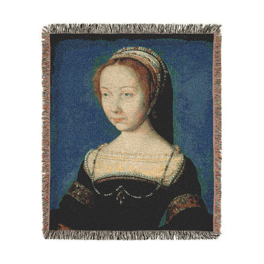 Portrait of a Woman woven throw blanket front view red-haired woman pearl necklace black dress blue background