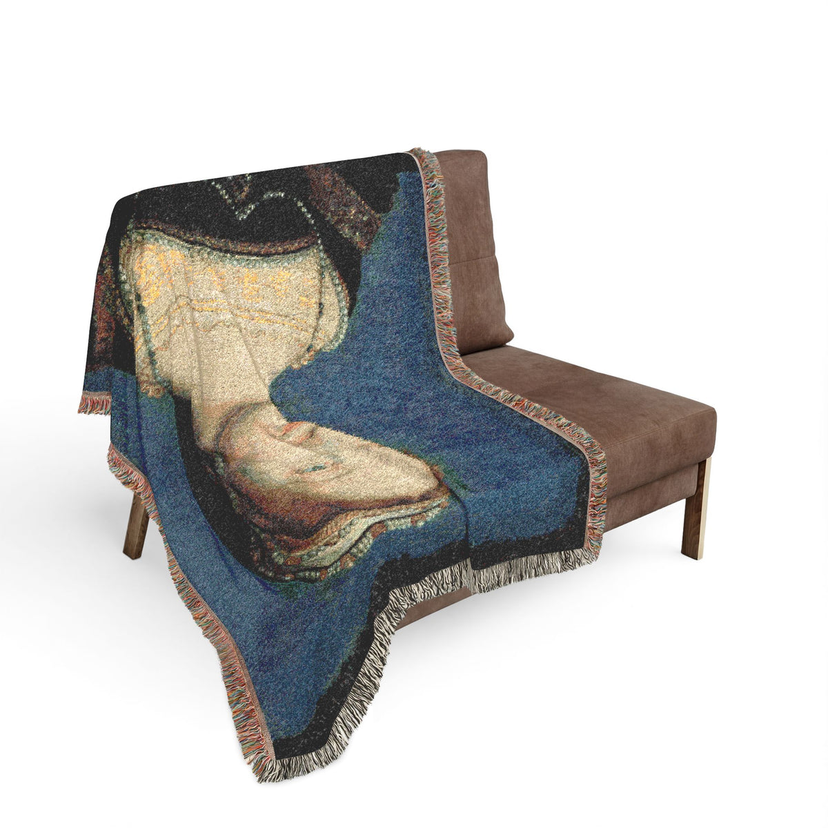 Portrait of a Woman throw blanket on sofa backrest showing portrait woman pearl necklace fringed edge
