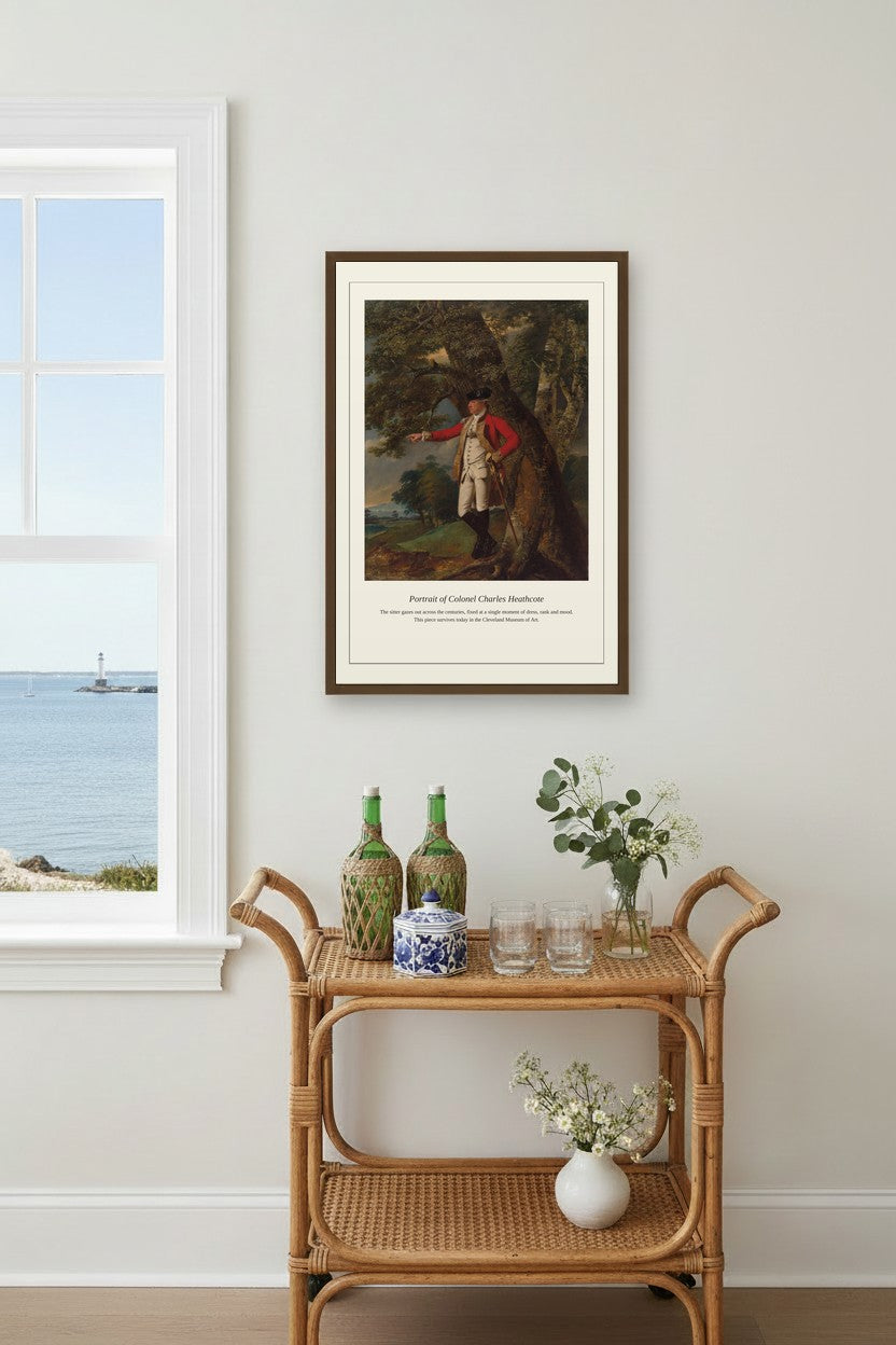 Portrait of Colonel Charles Heathcote framed above a rattan bar cart beside a window with an ocean view