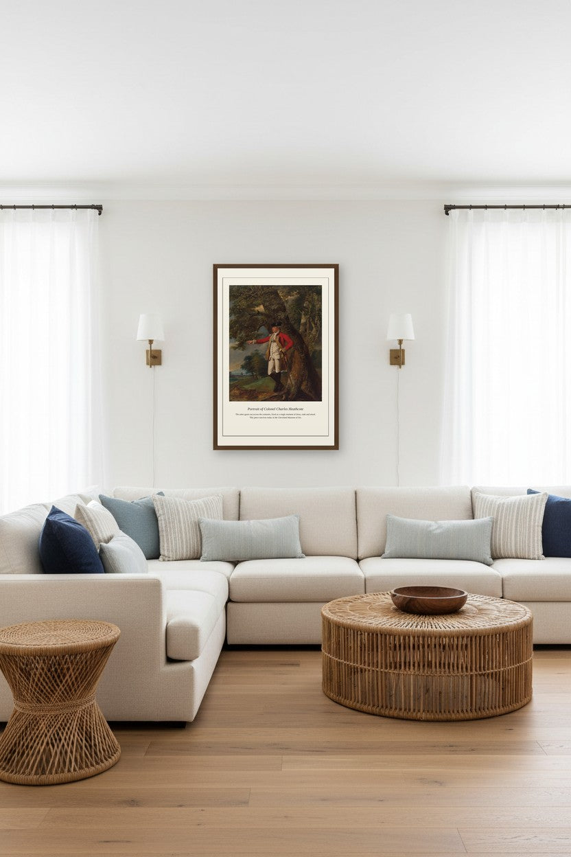 Portrait of Colonel Charles Heathcote framed above a sectional sofa between two sheer-curtained windows