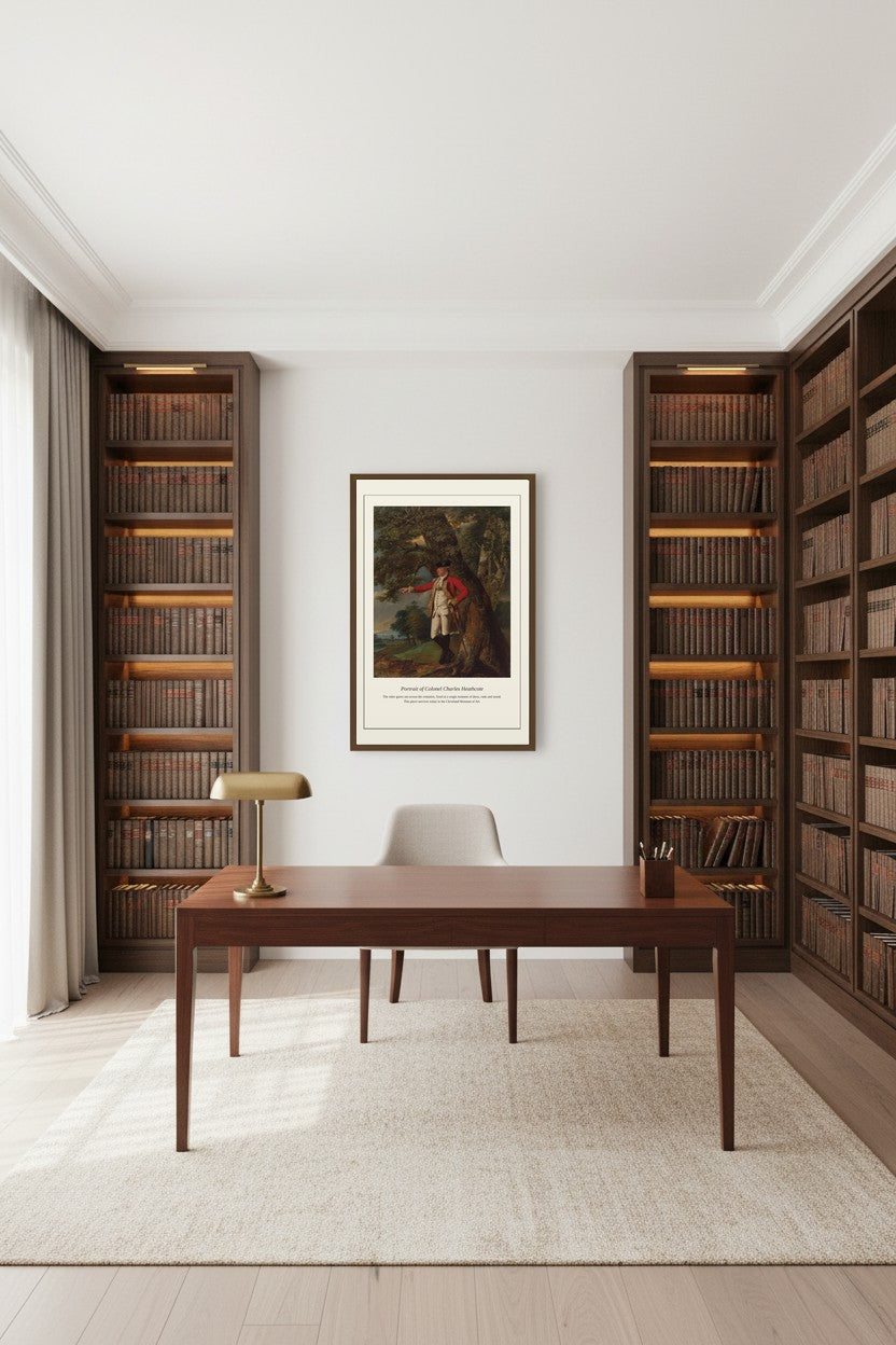 Portrait of Colonel Charles Heathcote framed above a wooden desk between built-in bookshelves