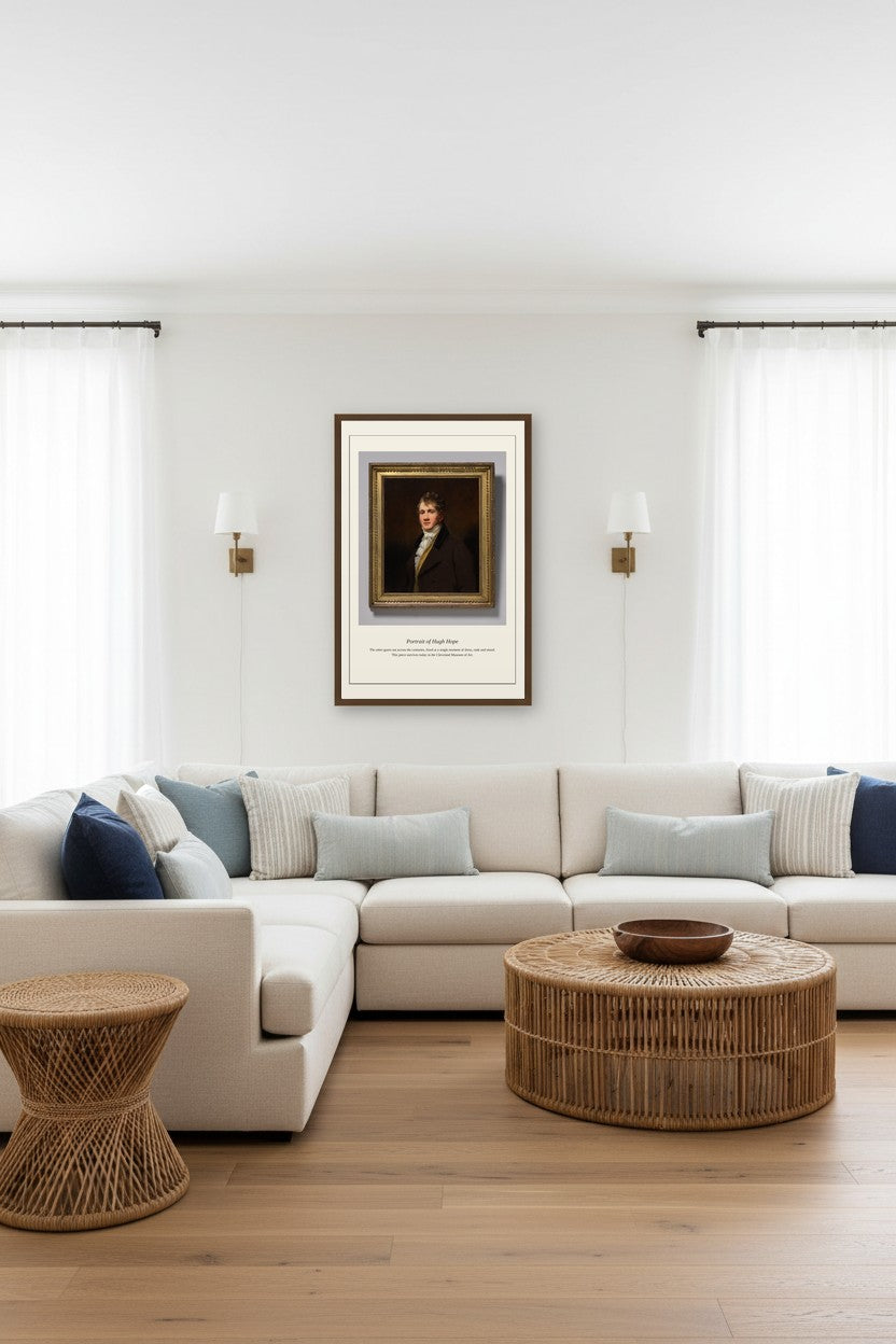 Portrait of Hugh Hope framed above a beige sectional sofa between two curtained windows
