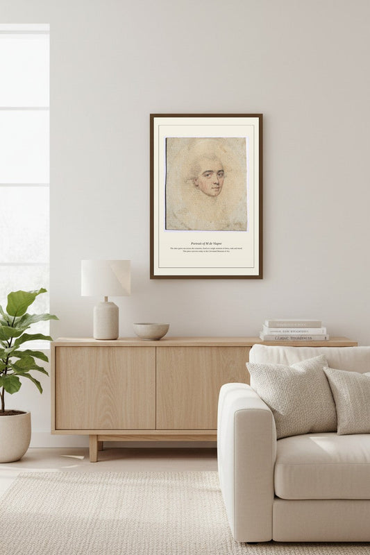 framed sepia portrait sketch of a young man mounted above a white brick fireplace mantel with a basket and brass pot