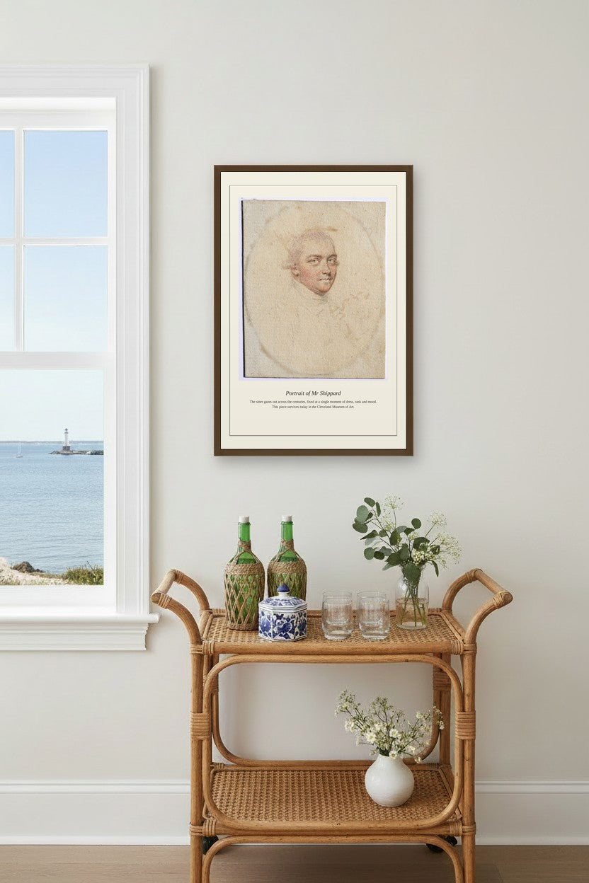 Portrait of Mr Shippard framed above a rattan bar cart beside a window with ocean view