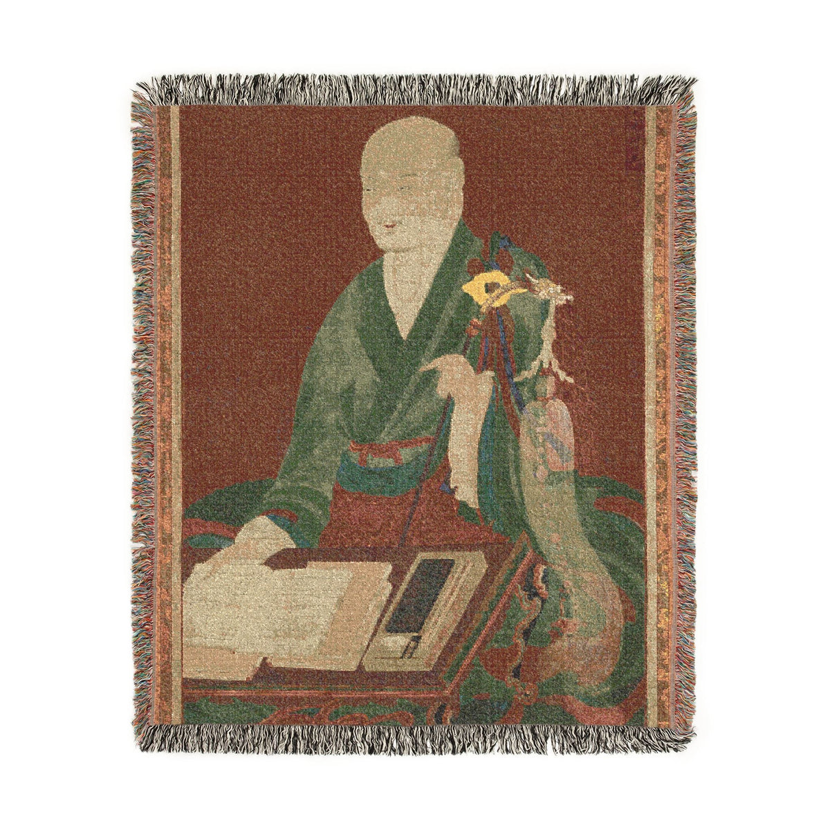 Yeongwoldang Eungjin portrait woven throw blanket, pale gold with Korean Buddhist master in ceremonial robes, flat lay