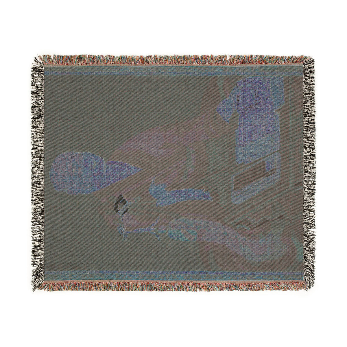 Yeongwoldang Eungjin portrait woven throw blanket dark colorway, charcoal with steel-blue Buddhist portrait, fringe