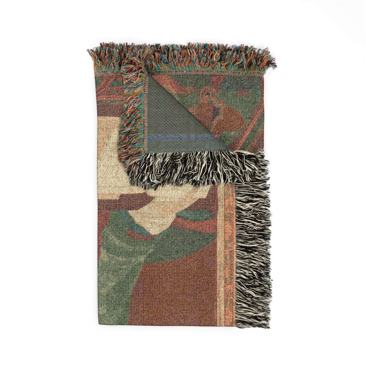 Yeongwoldang Eungjin portrait woven throw blanket, gold front with charcoal reverse through triangular fold, detail