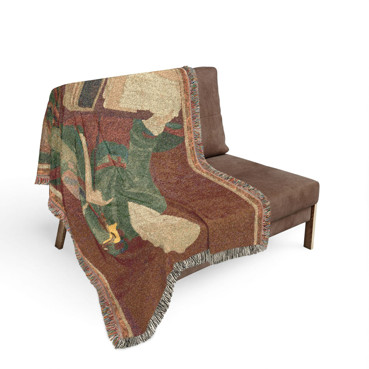 Yeongwoldang Eungjin portrait woven throw blanket over loveseat, golden-tan with Korean Buddhist master, fringe