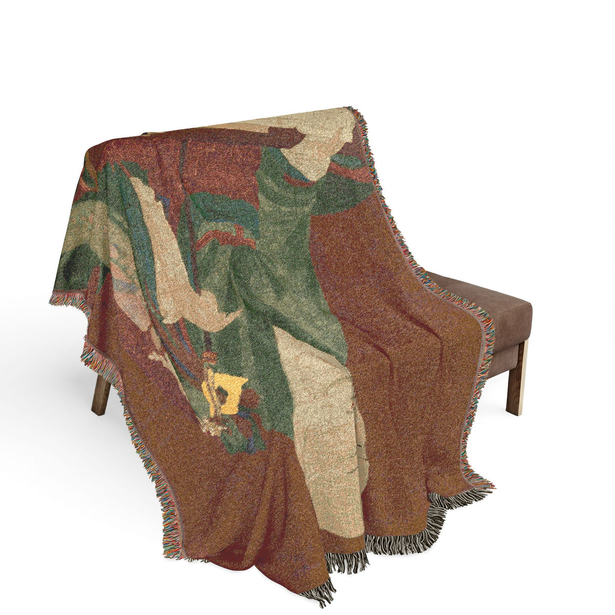 Yeongwoldang Eungjin portrait woven throw blanket over bench, gold with Buddhist master portrait, fringe draping