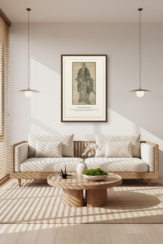 Portrait of Zora Buzaemon framed above a sofa in a sunlit living room